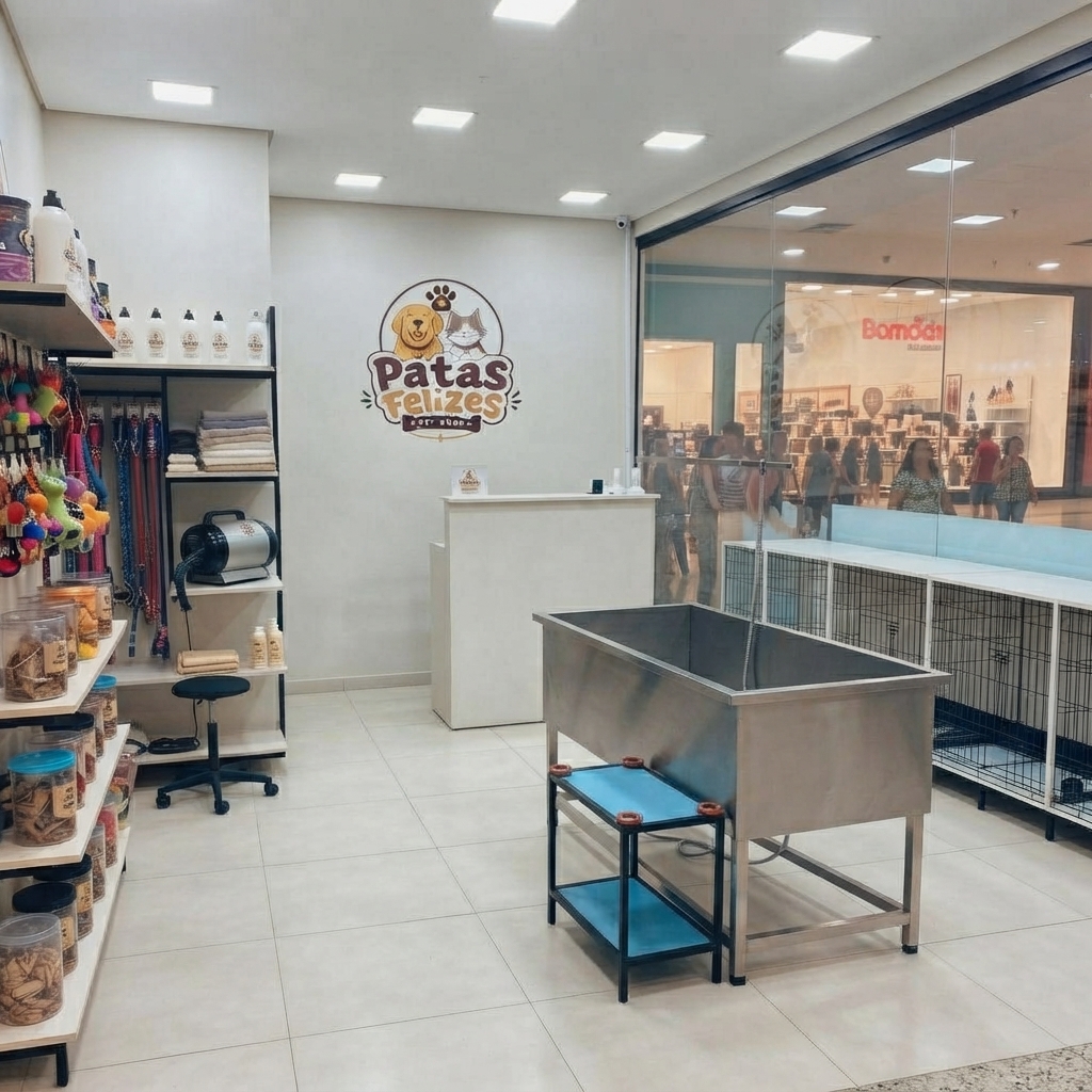 Interior da loja Patas Felizes, com banheira de inox, secador profissional e prateleiras de produtos