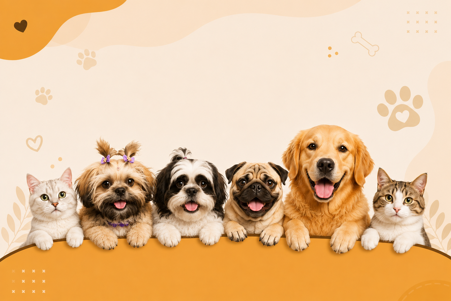 Cães e gatos felizes apoiados em uma faixa laranja